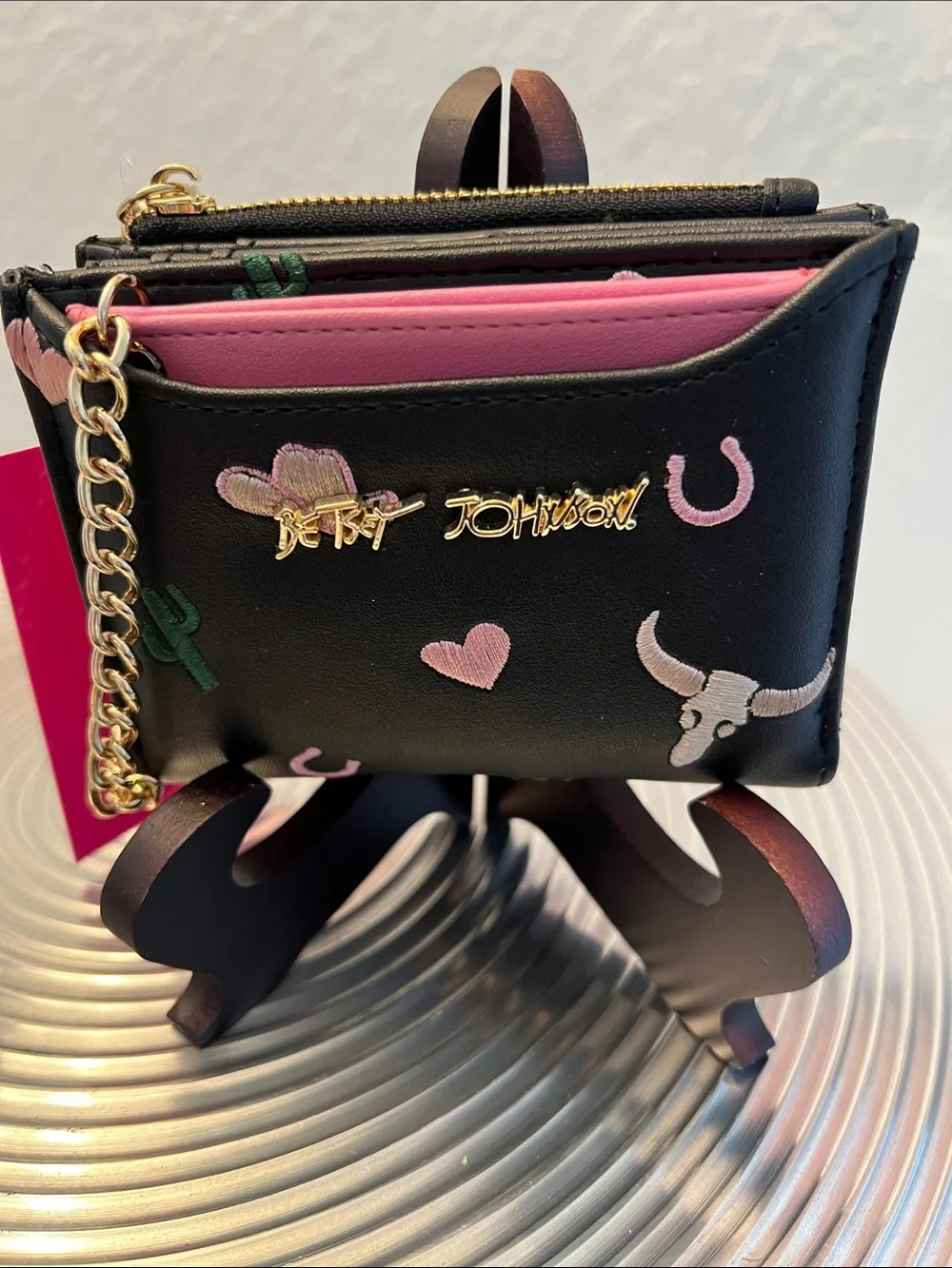 Betsey Johnson NWT Black & Pink Wallet & coin purse with Western Embroidery